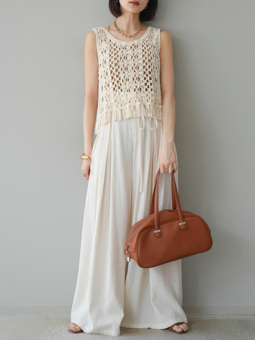 【預購】仿亞麻雙褶設計寬褲/象牙白