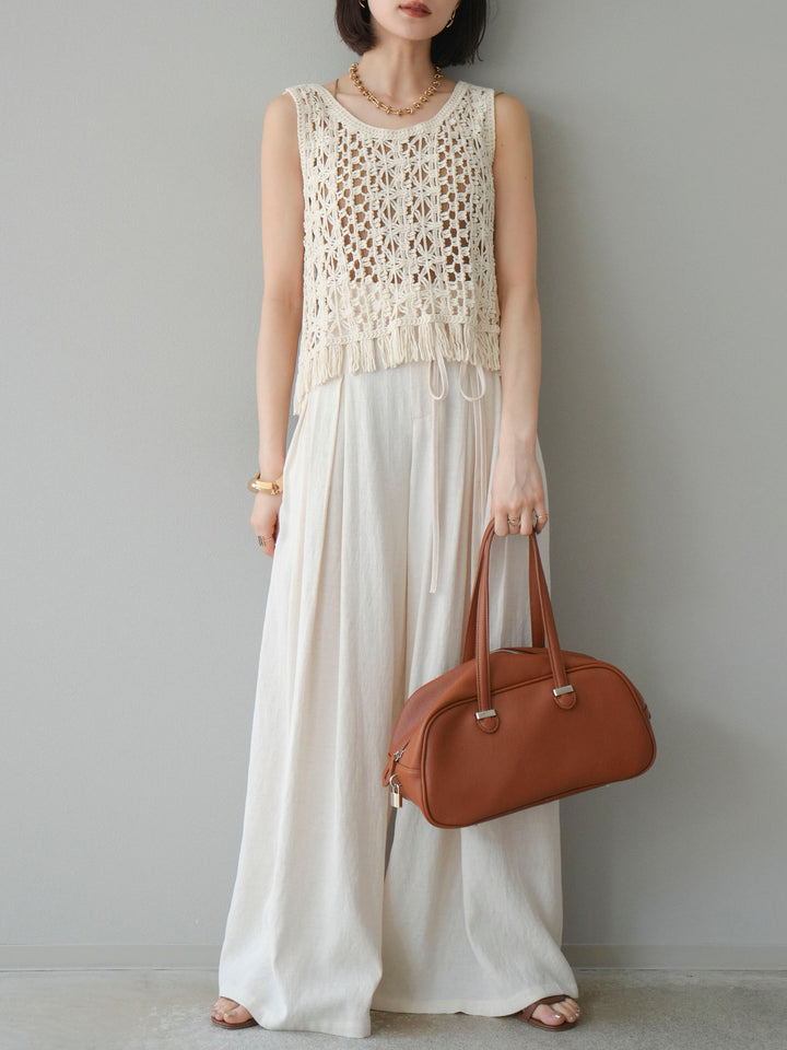 【預購】仿亞麻雙褶設計寬褲/象牙白