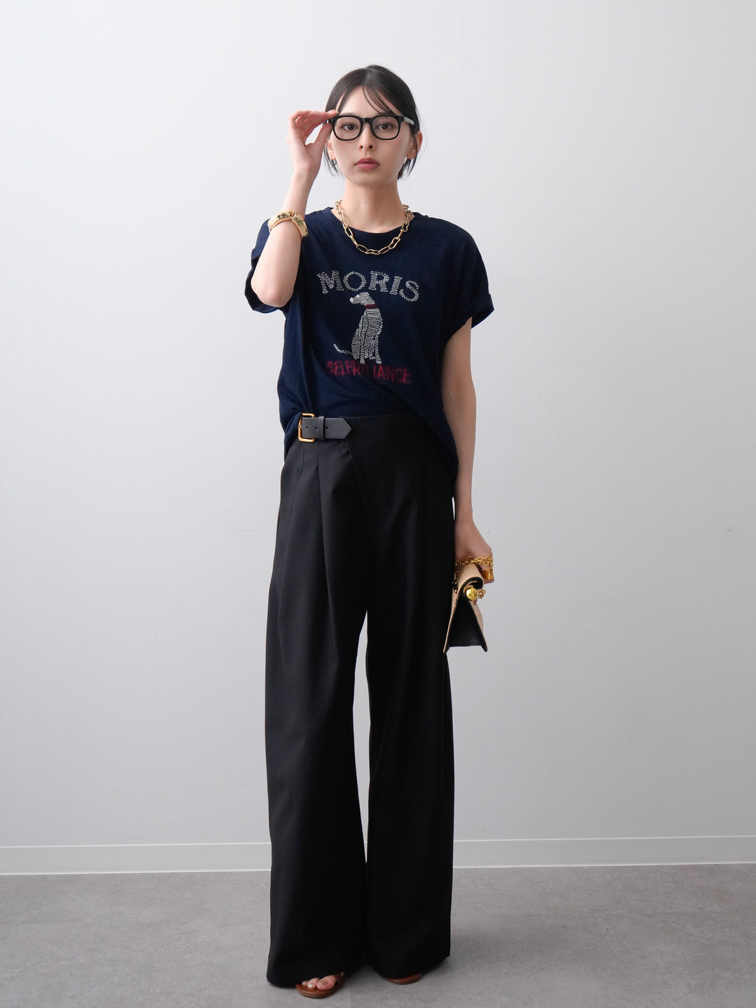 [SET]ドッグエンブロイダリーTEE+アシンメトリーベルトタックワイドパンツ(2set)