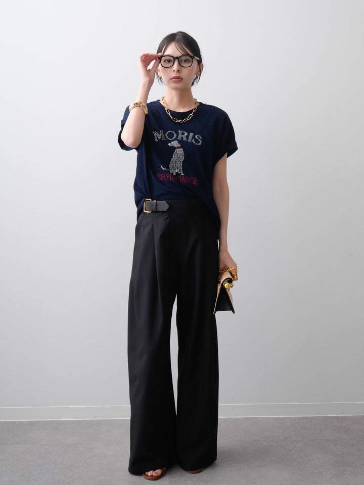 [SET]ドッグエンブロイダリーTEE+アシンメトリーベルトタックワイドパンツ(2set)