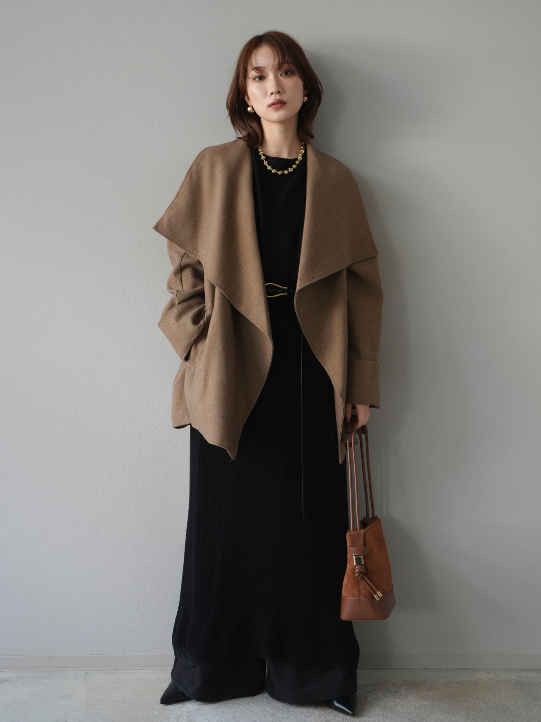 [予約]メッシュ切替ノースリーニットワンピース/black