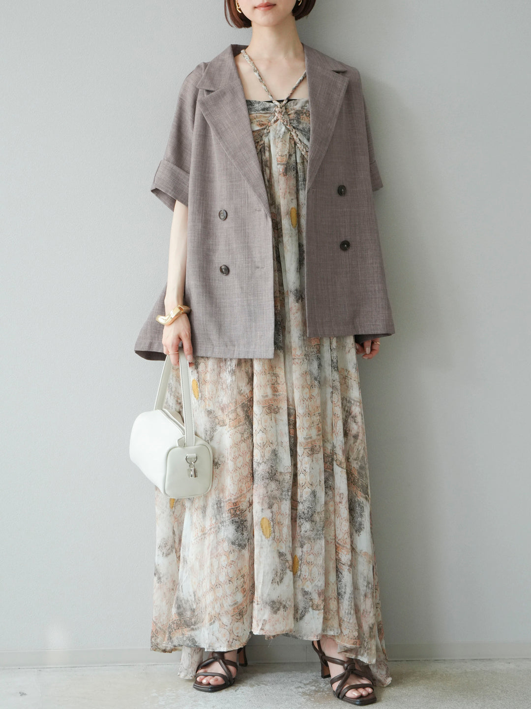 [予約]編み込みショルダーニュアンス柄シフォンワンピース/ベージュ