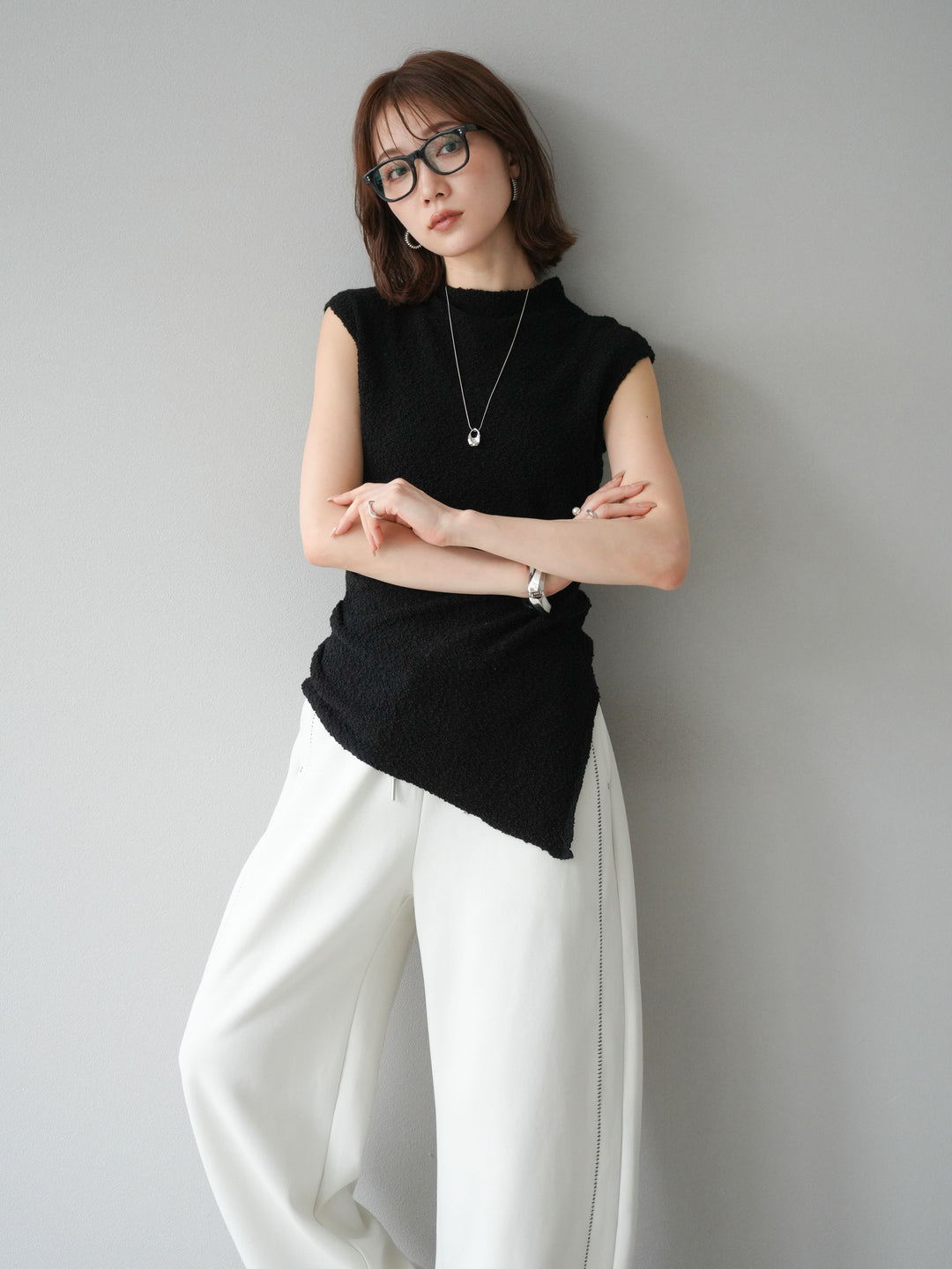 [予約]ブークレアシメニットノースリーブトップス/ブラック