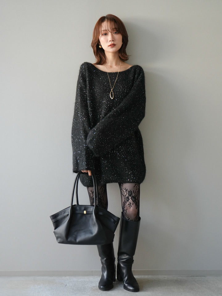 [予約]スパンコールミニシャギーニットチュニック/black