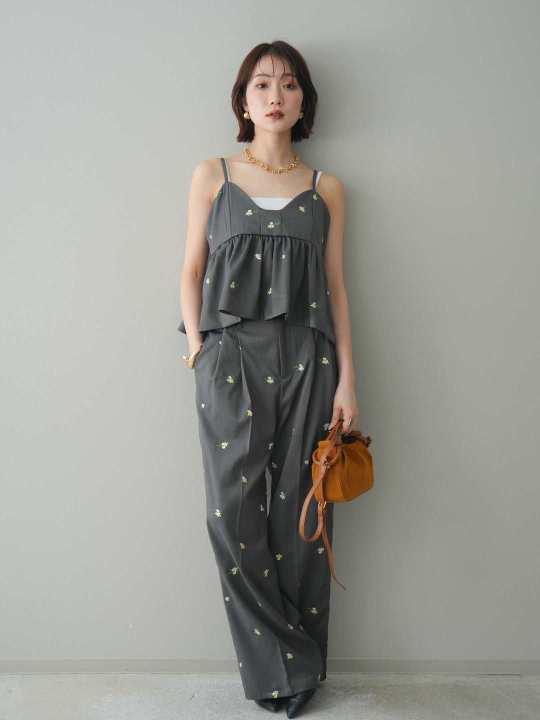 [SET]フラワー刺繍ビスチェ+フラワー刺繍タックパンツ(2set)