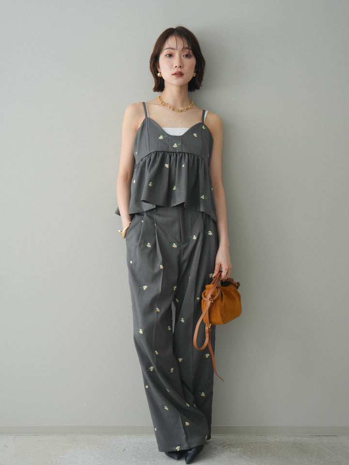 [SET]フラワー刺繍ビスチェ+フラワー刺繍タックパンツ(2set)