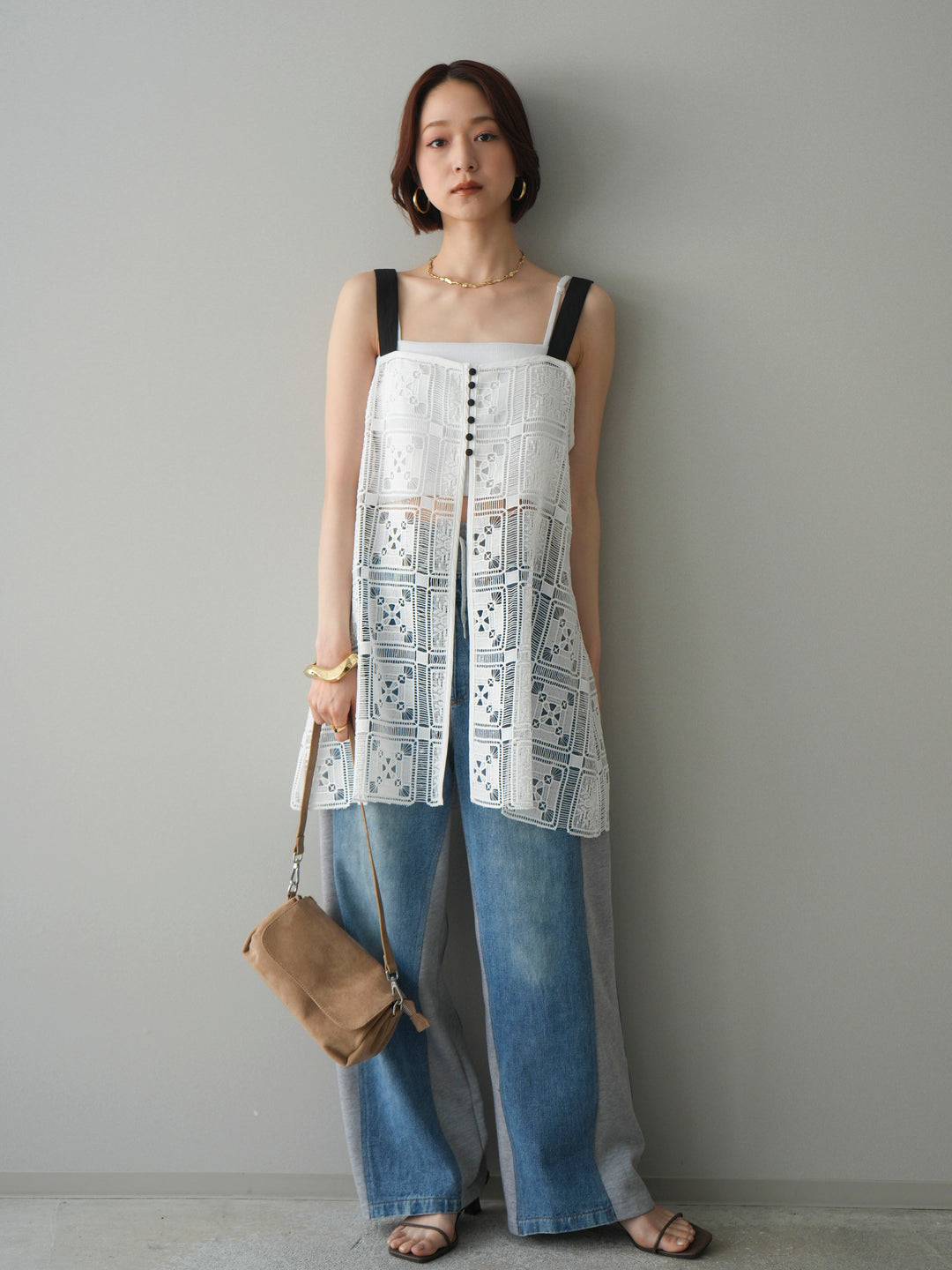 [SET]配色パネルレースキャミソール+デニム切替スウェットパンツ(2set)