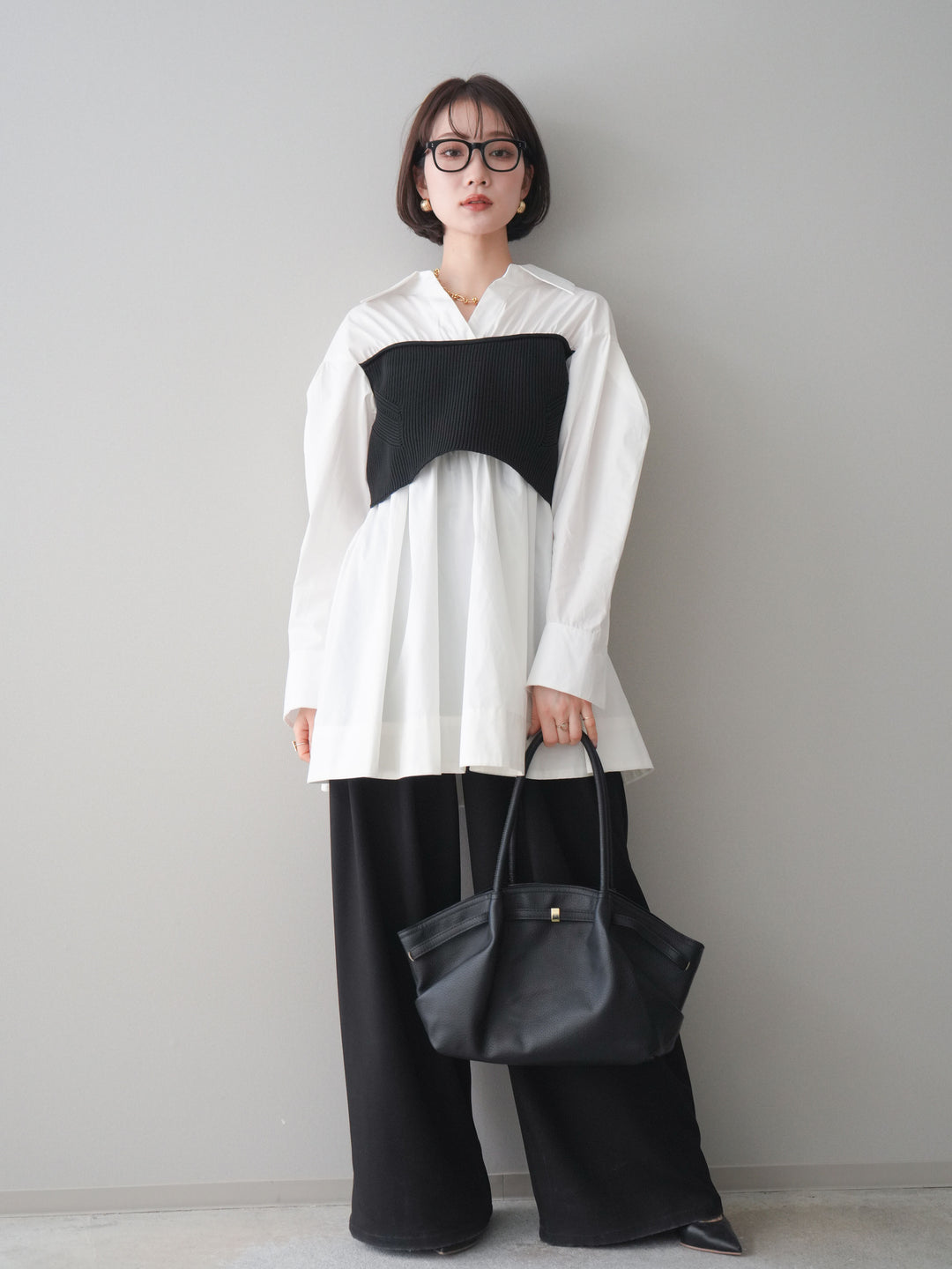 [予約]ニットビスチェドッキングフレアシャツチュニック/offwhite