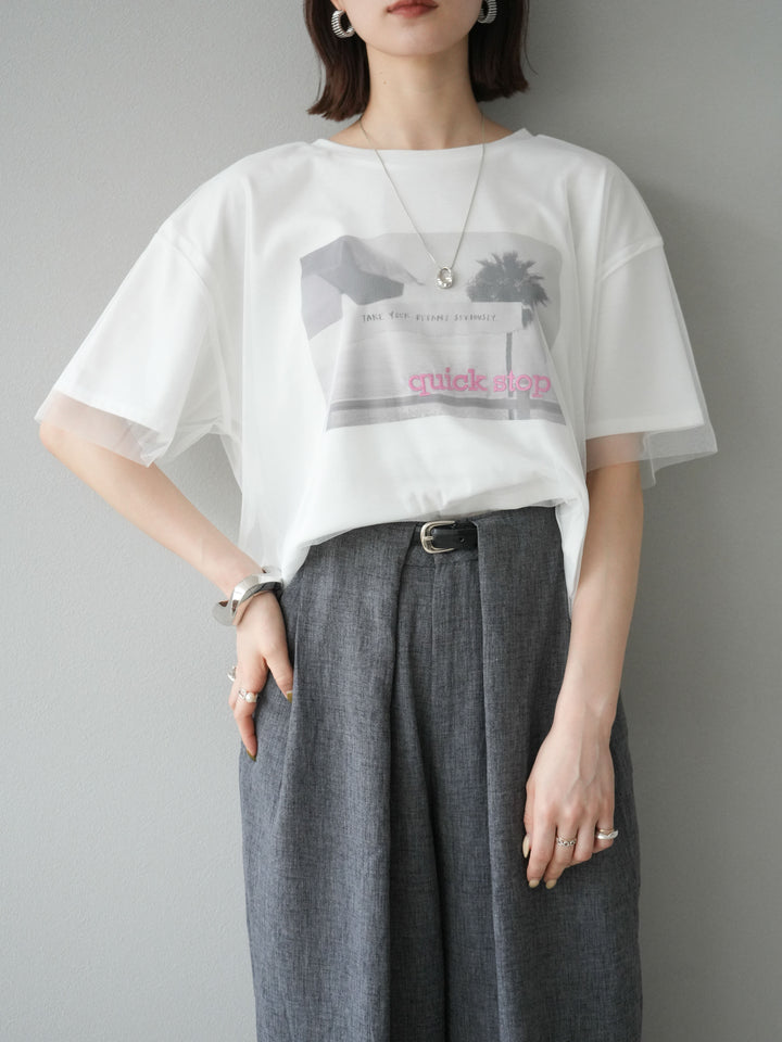 [予約]チュールドッキングフォトTシャツ/オフホワイト×ピンク