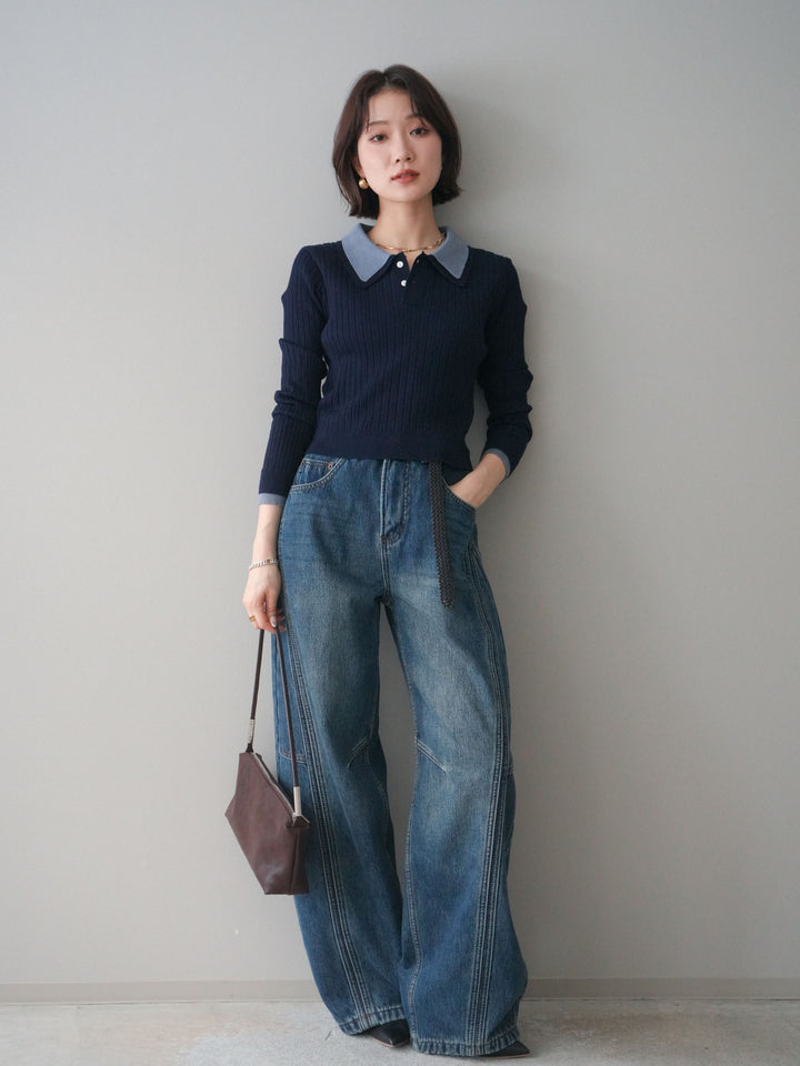 [予約]ダブル襟ポロリブニットトップス/navy
