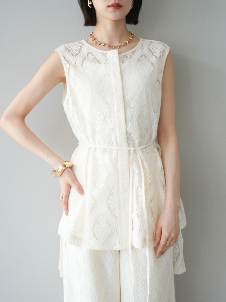 [予約]サテンパイピングレースノースリーブトップス/アイボリー