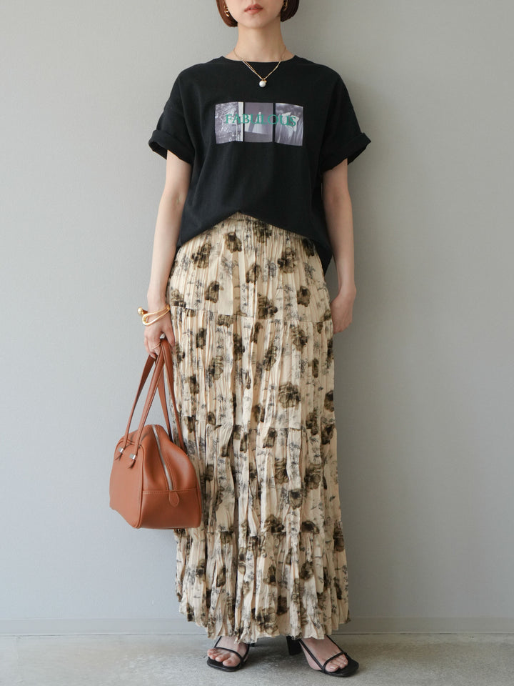 [SET]ネオンロゴコラージュフォトプリントオーバーTシャツ+フラワーワッシャーロングスカート(2set)