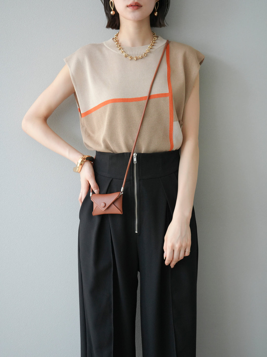 [予約]配色ノースリーブニットプルオーバー/ベージュ