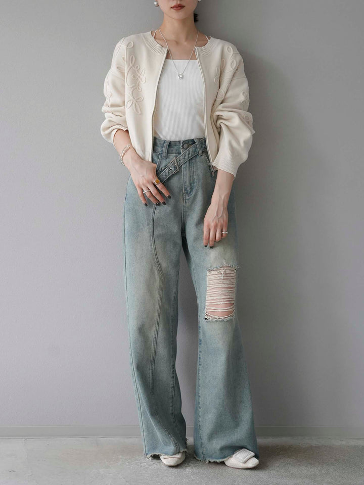 [SET]コード刺繍コットンニットジップカーディガン+ダブルストラップカットリブブラキャミソール+ベルトアシンメトリーダメージデニム(3set)