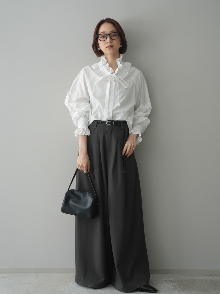 [SET]フリルネックギャザーブラウス+編み込みベルト付タックワイドパンツ(2set)