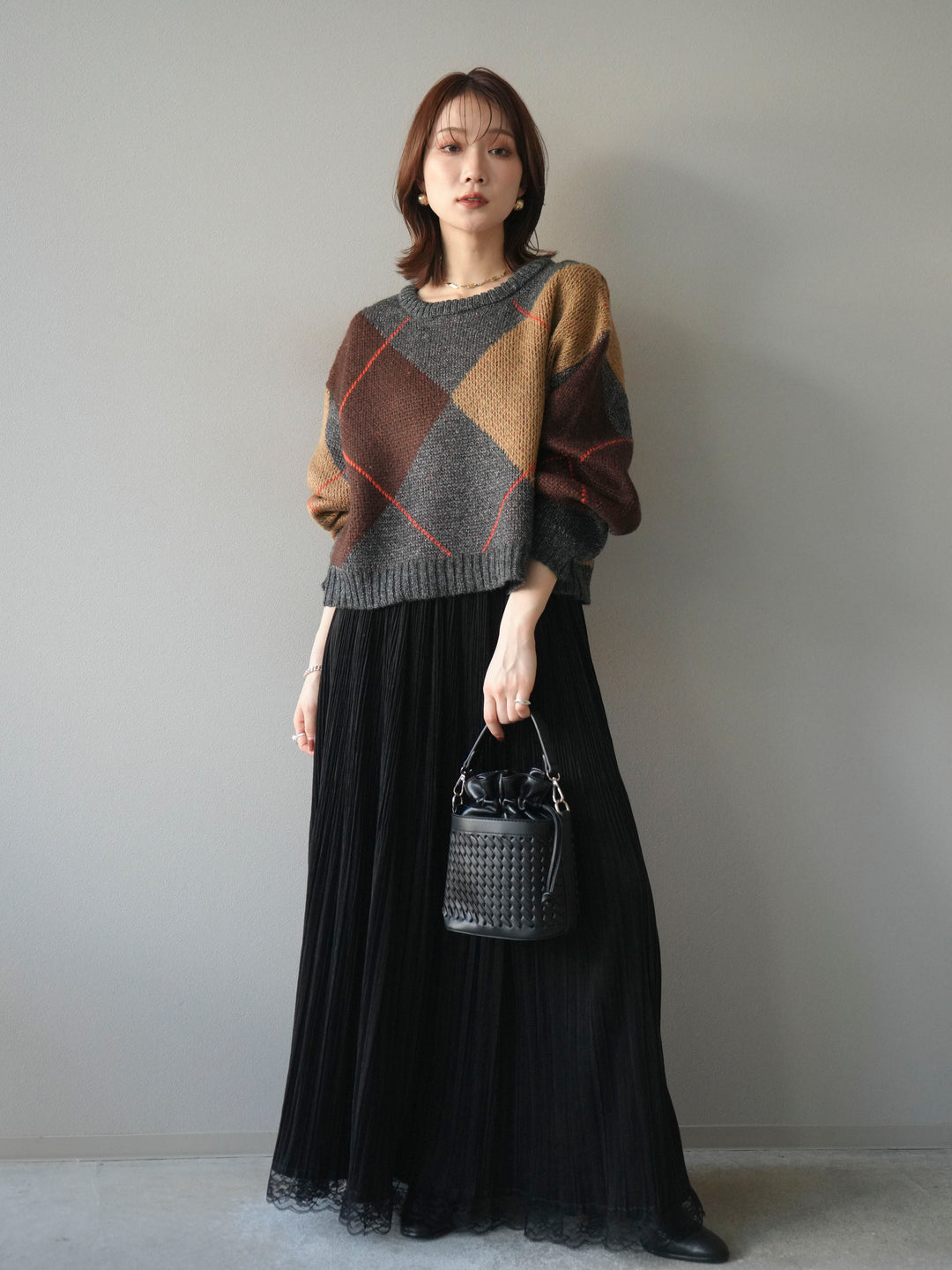 [SET]配色ステッチアーガイル柄ニットプルオーバー+裾レーススウェードプリーツマキシスカート(2set)