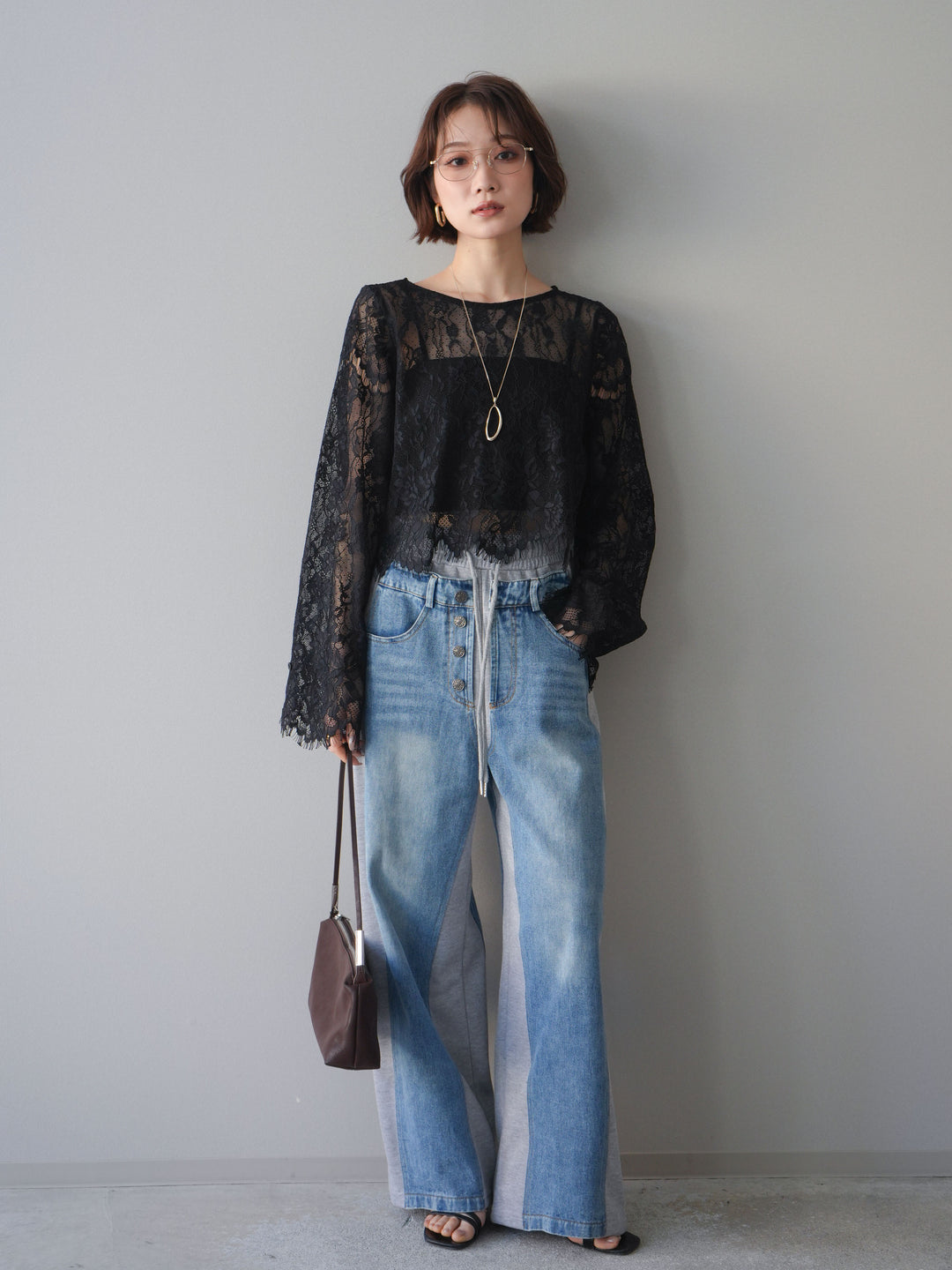 [SET]2WAYスリーブレーストップス+デニム切替スウェットパンツ(2set)