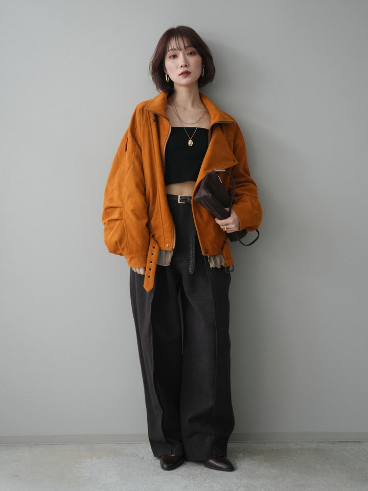 [SET]コーデュロイライダース裾レースブルゾン+カップ付テレコリブベアキャミソール+コットンツイルカーブパンツ(3set)