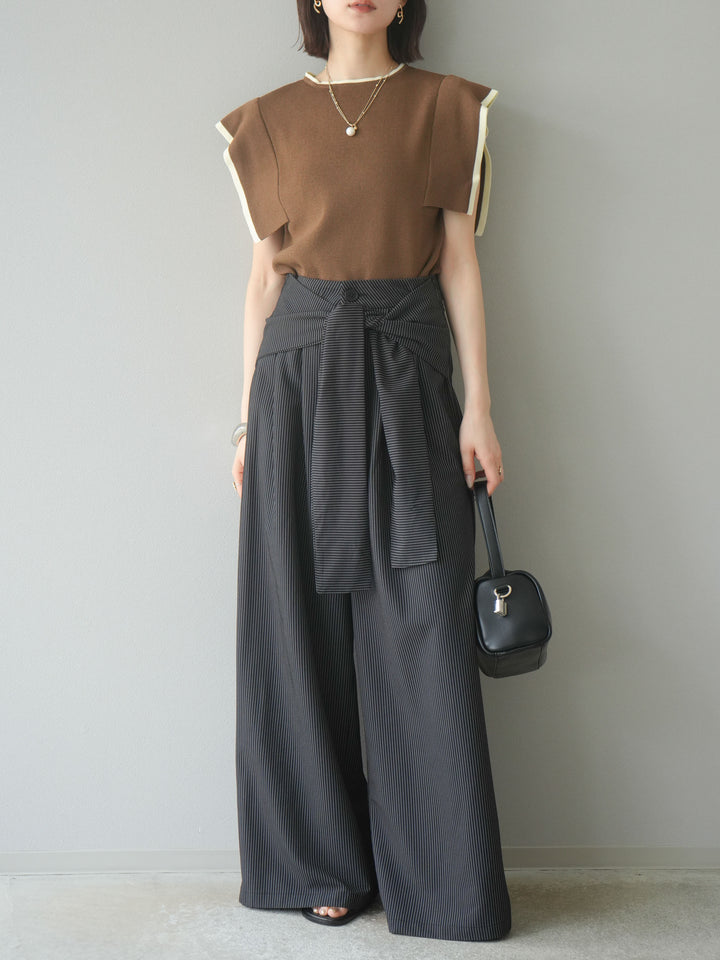 【預購】條紋裹腰闊腿褲/黑色