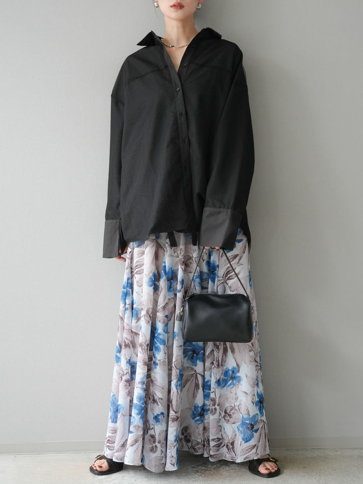 [予約]フラワープリントボリュームフレアスカート/ブルー