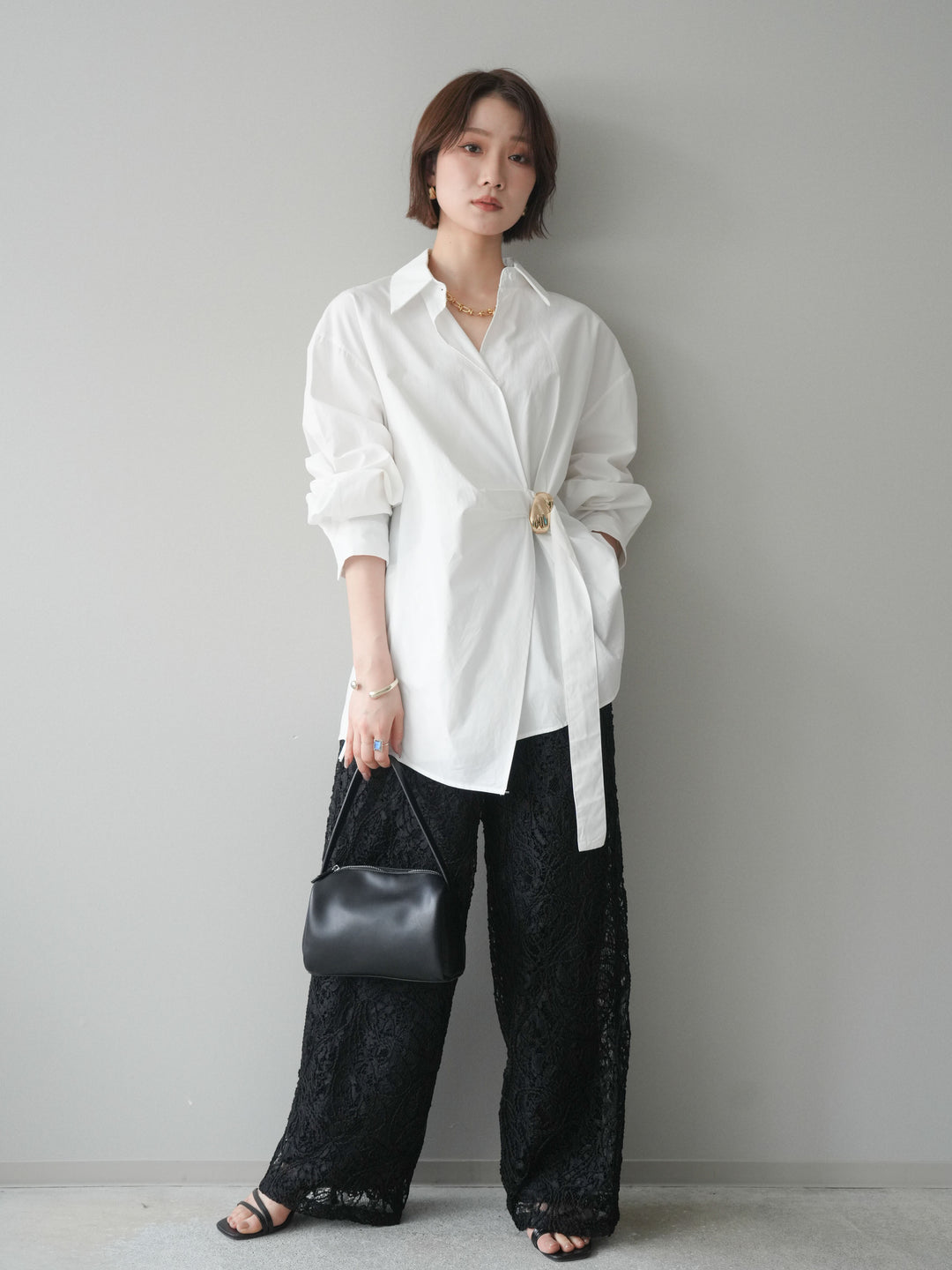 [SET]メタルパーツドレープシャツ+シアーコードレースイージーパンツ(2set)