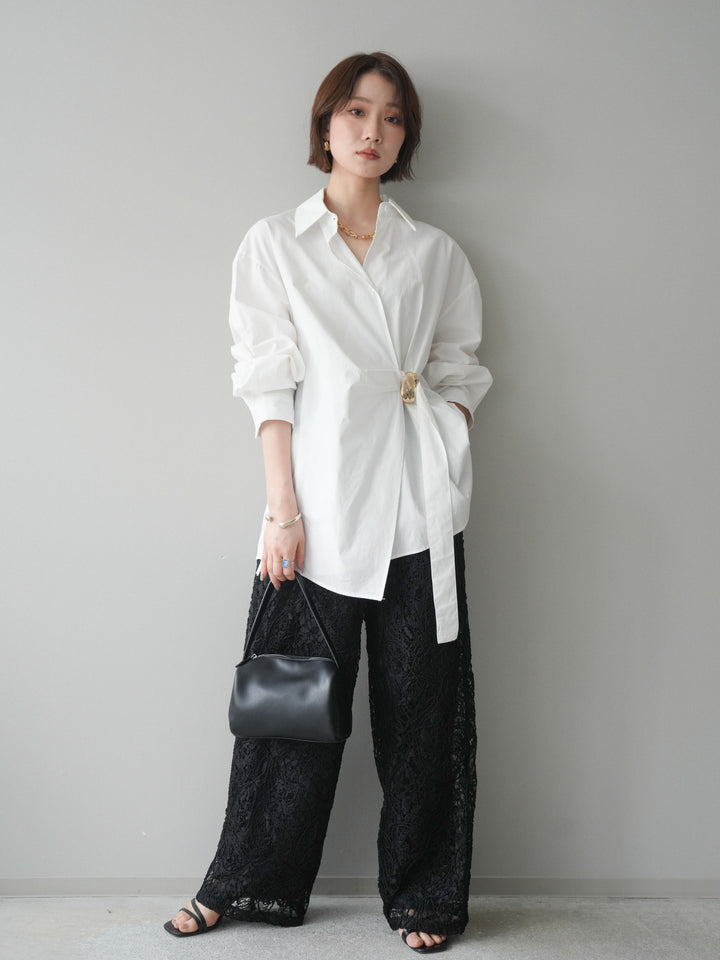 [SET]メタルパーツドレープシャツ+シアーコードレースイージーパンツ(2set)