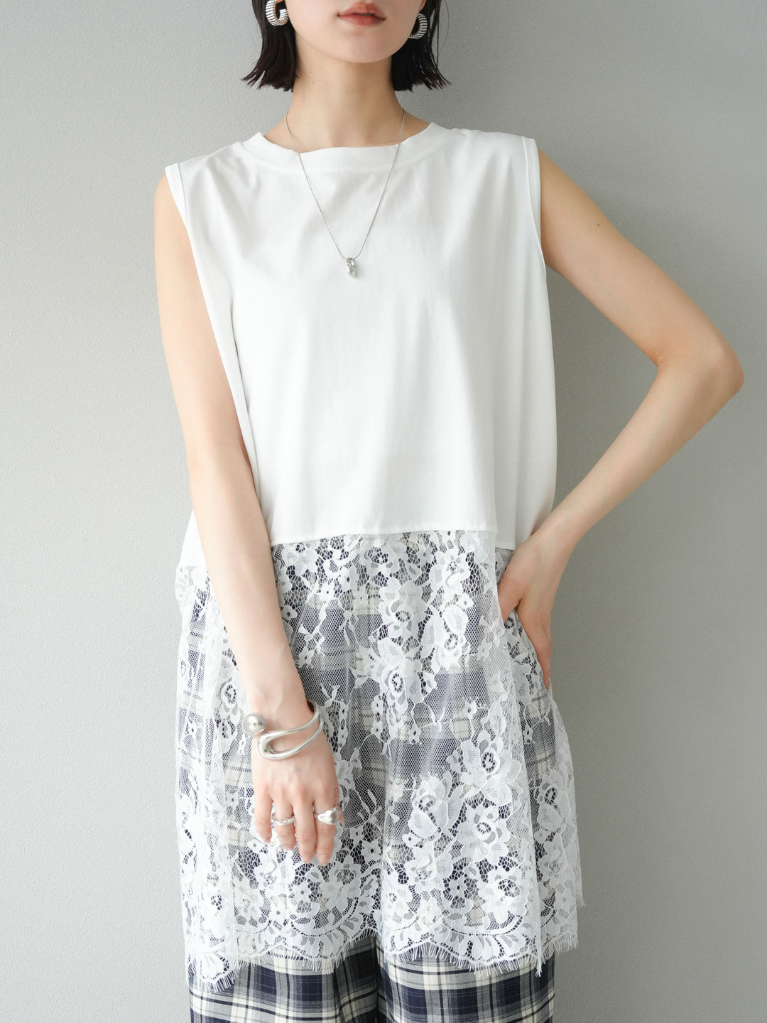 [予約]レース切替ノースリトップス/ホワイト