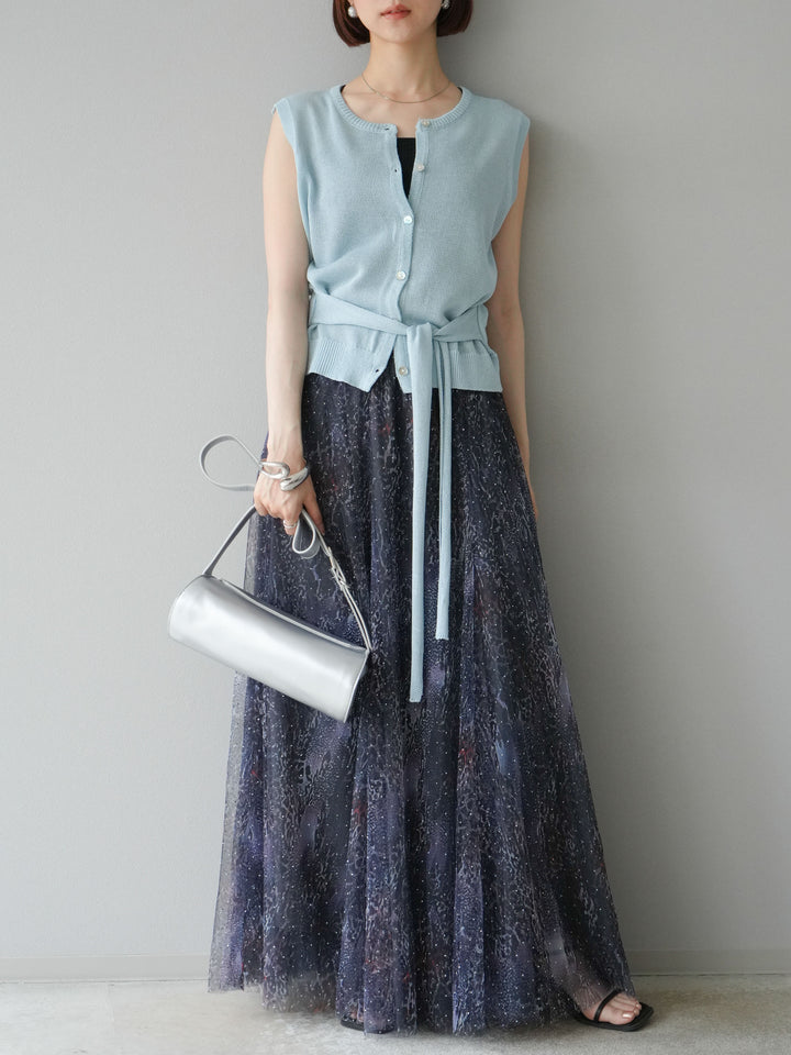 [予約]ニュアンス柄チュールレイヤードプリーツスカート/ネイビー