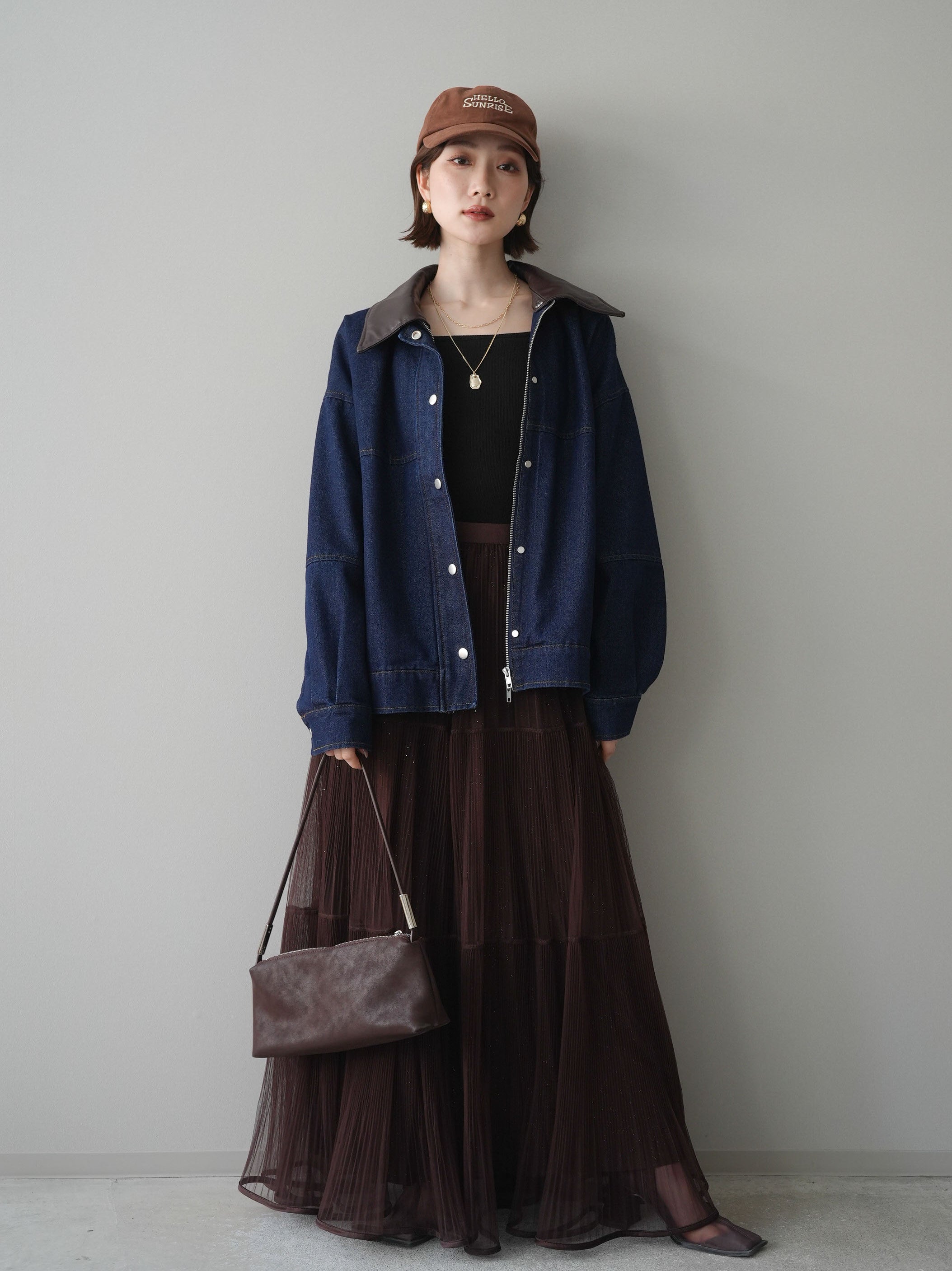 SET]配色襟レザーデニムブルゾン+ラメプリーツレイヤードチュール