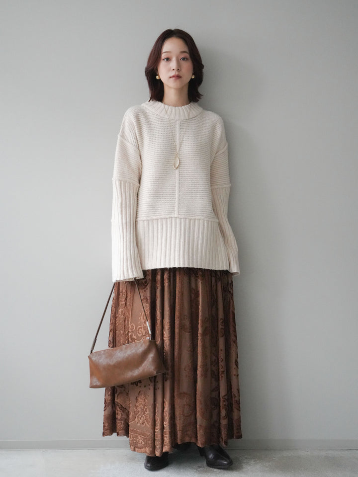 [SET]編み地切替ボトルネックニットプルオーバー+アンティーク柄フロッキーマキシスカート(2set)