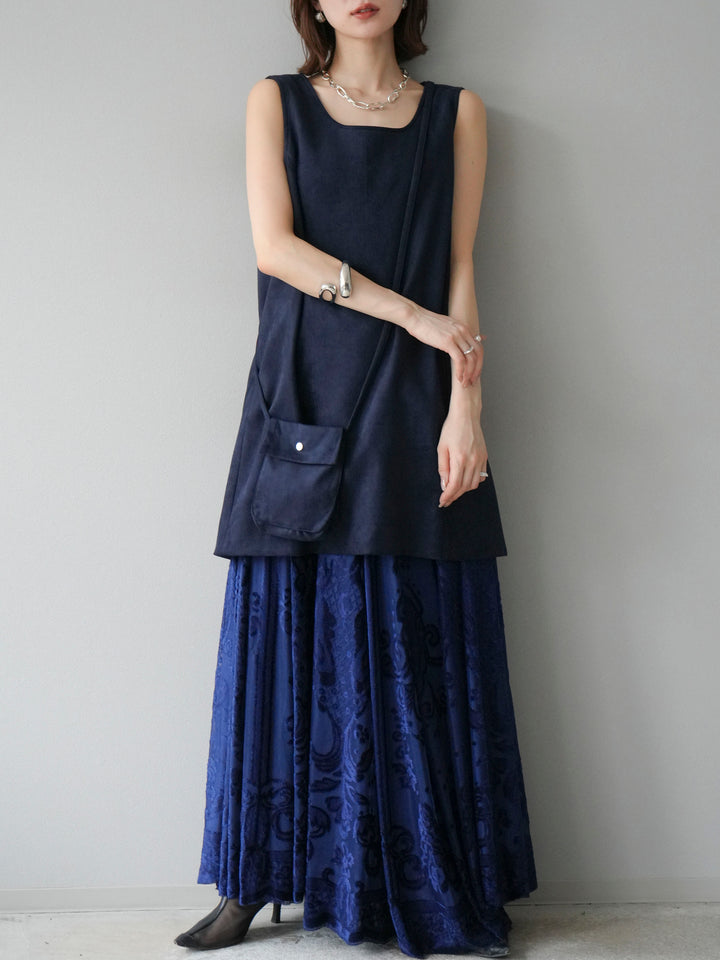 [予約]アンティーク柄フロッキーマキシスカート/ブルー