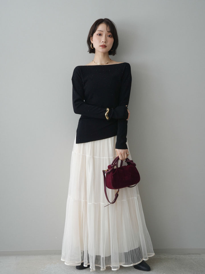 [予約]ラインストーンアシンメトリーニットトップス/black