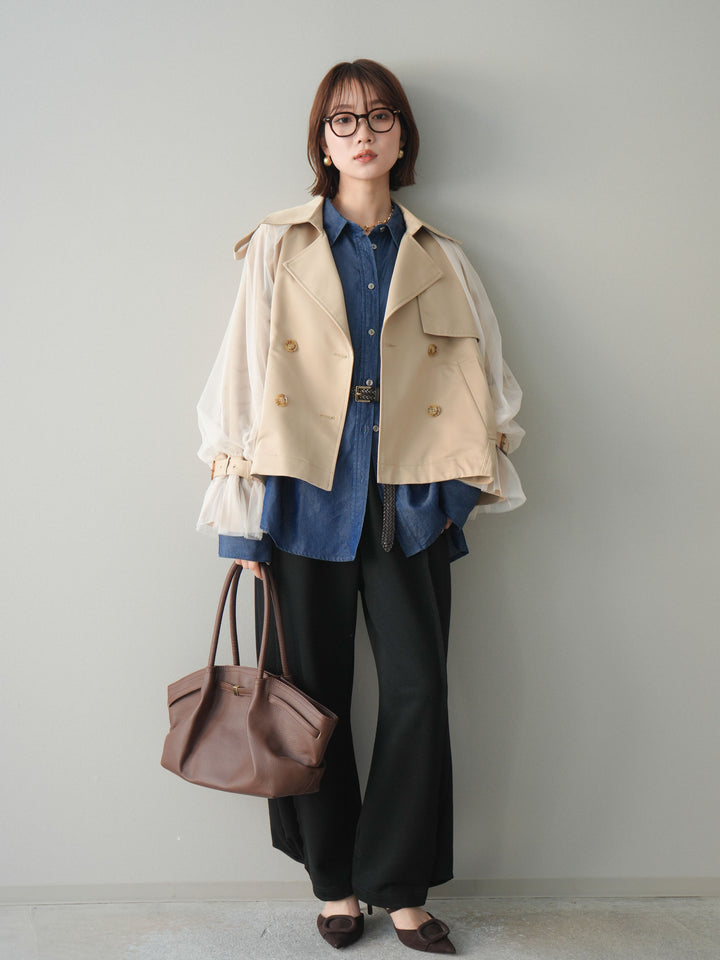 【預購】薄紗層疊蓬鬆袖短風衣/米色