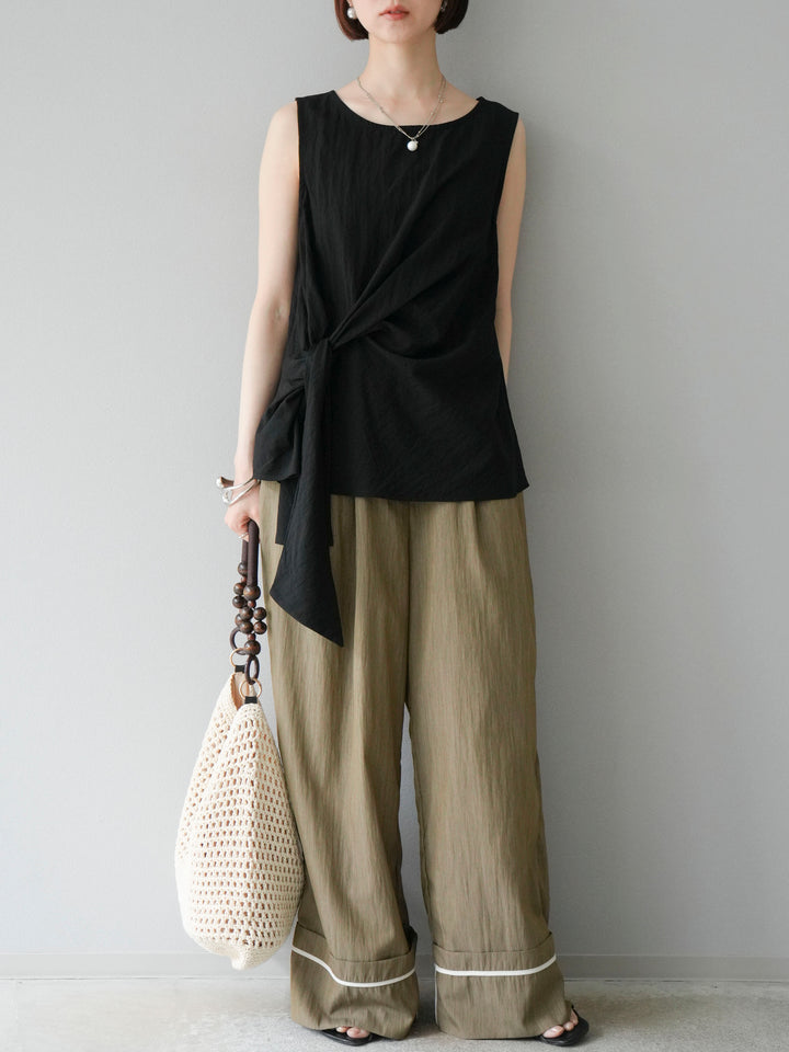 [SET] 前裹式無袖上衣+麻質下擺回型寬褲（2件組）