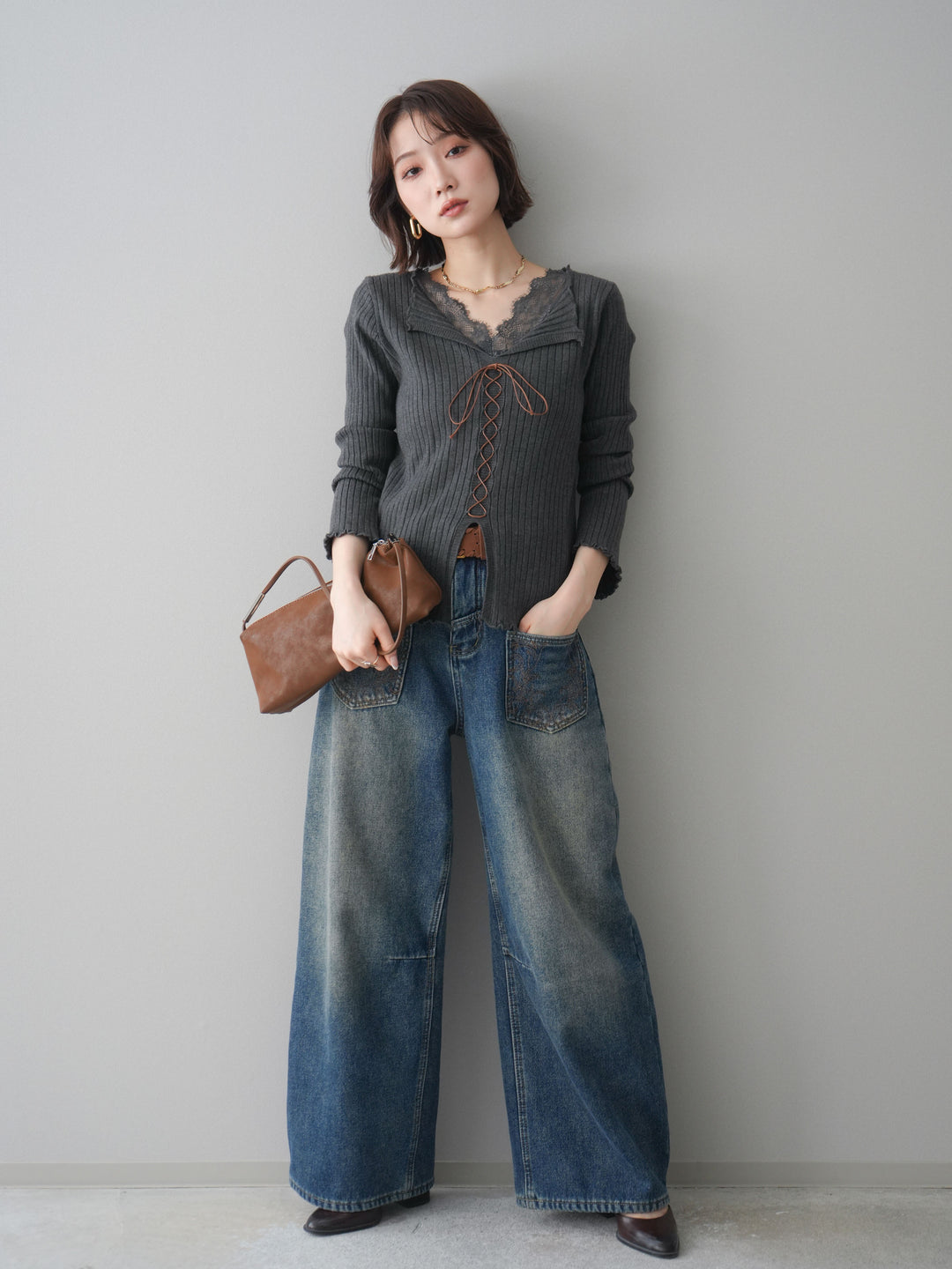 [予約]レースネックレースアップリブニットトップス/gray