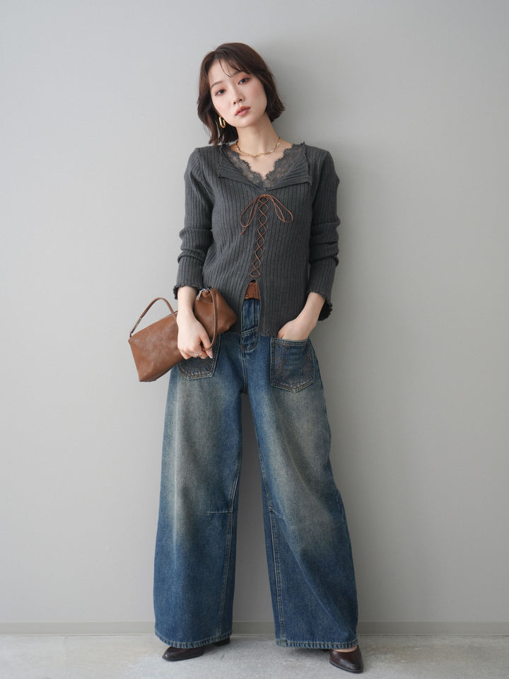 [予約]レースネックレースアップリブニットトップス/gray