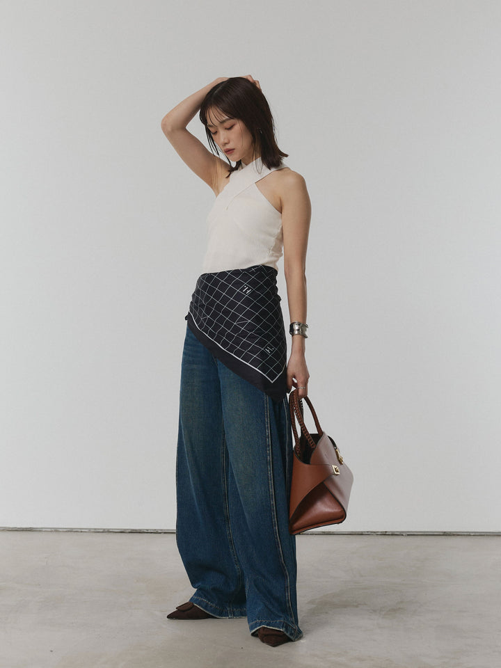 【Allure】[SET]クロスリブニットタンクトップ+サイドタックヴィンテージワイドデニム(2set)