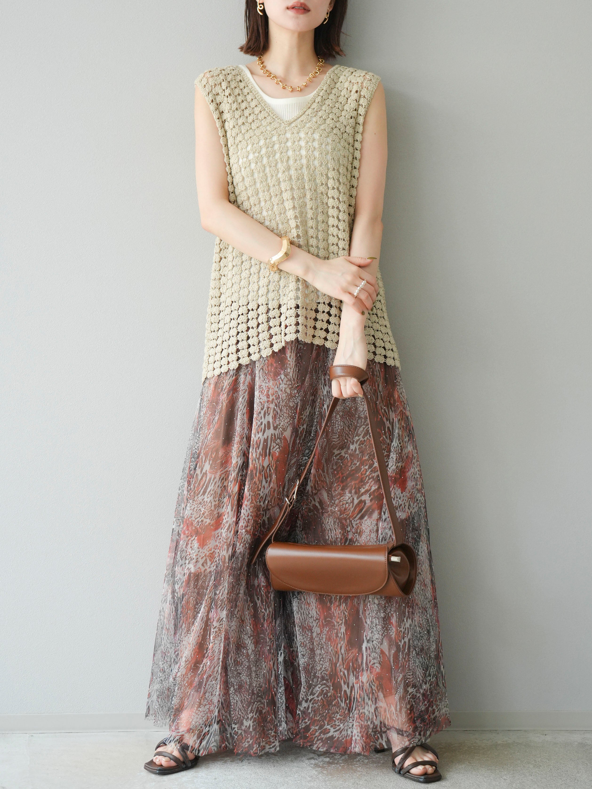 SET]レースアップクロシェ編みニットベスト+ニュアンス柄