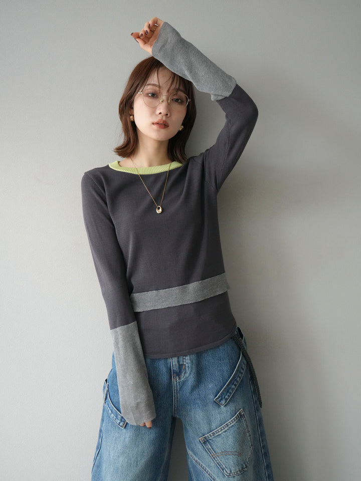 [予約]異素材配色デザインニットトップス/チャコール