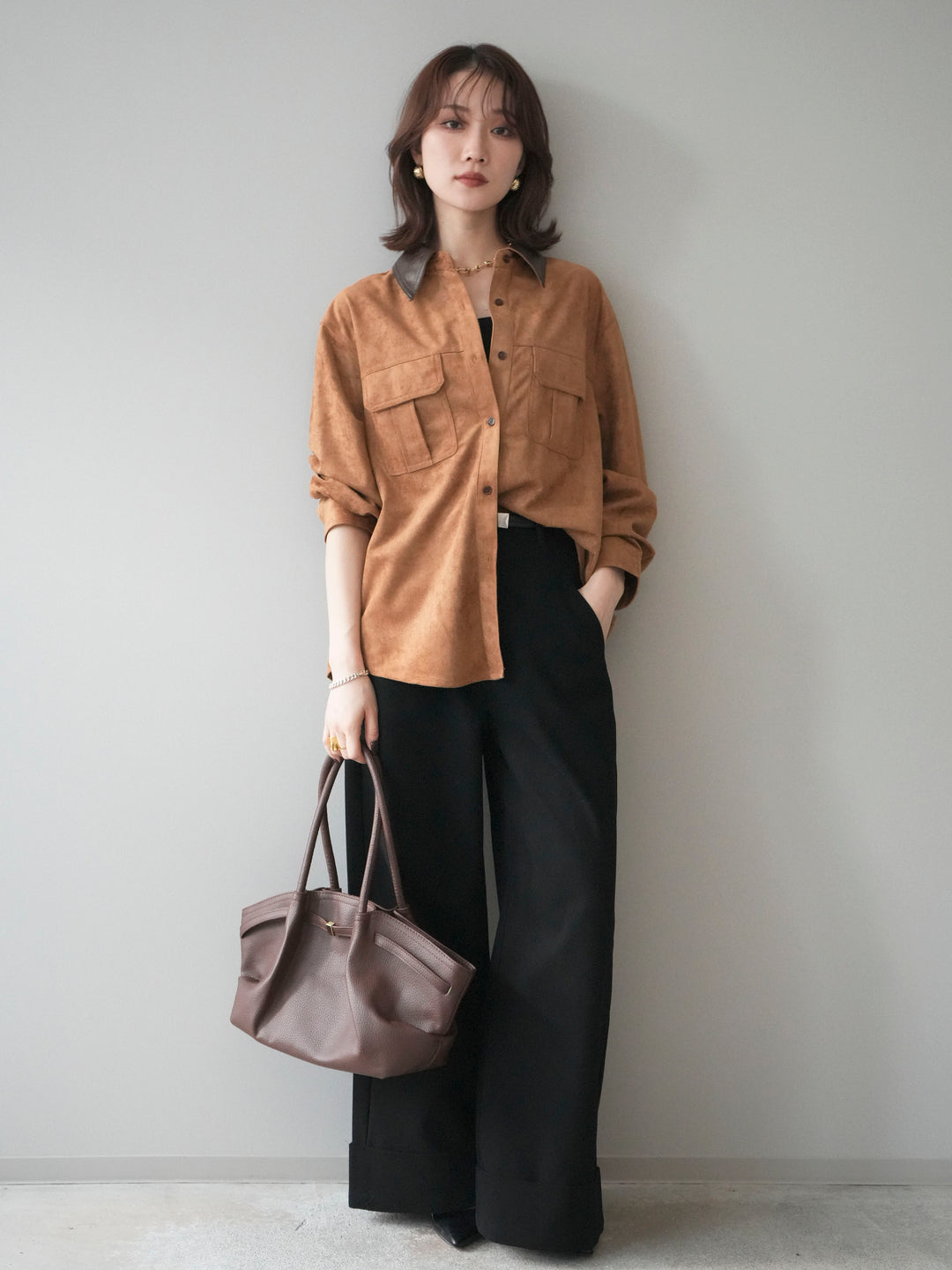 [予約]レザー襟スエードシャツ/camel