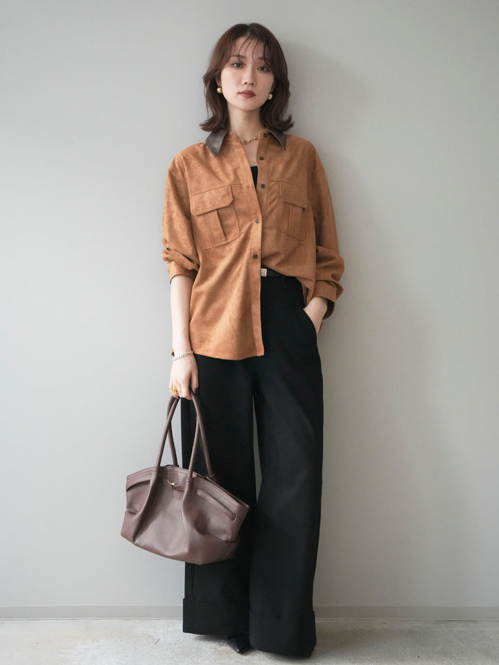 [予約]レザー襟スエードシャツ/camel