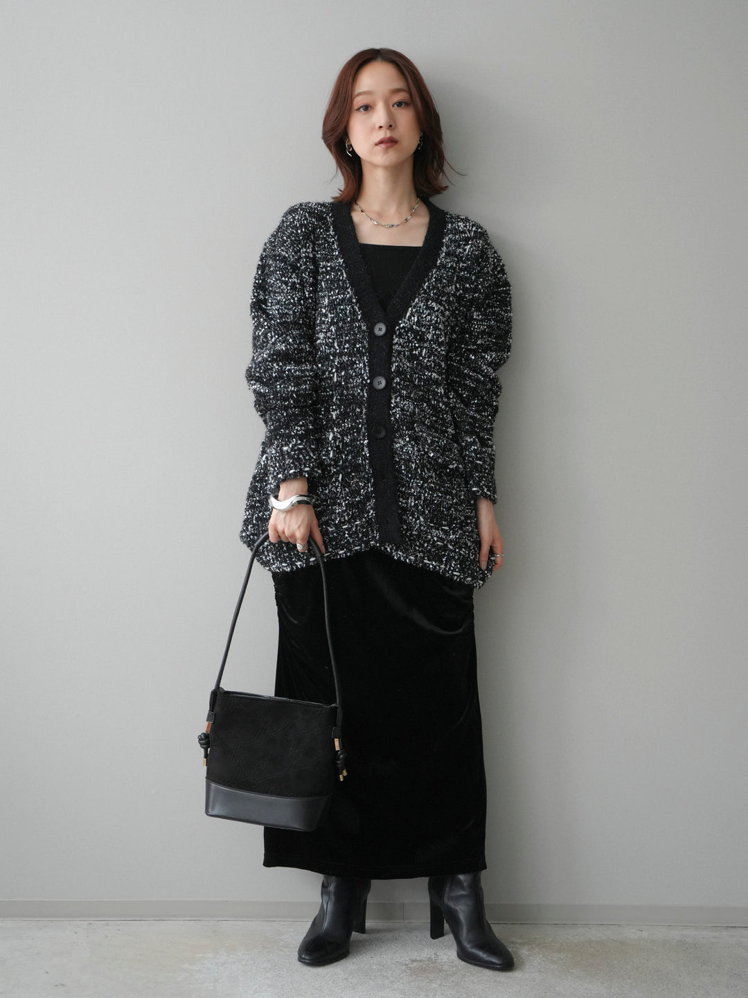 [SET]モールネップニットカーディガン+ギャザーベロアスカート(2set)