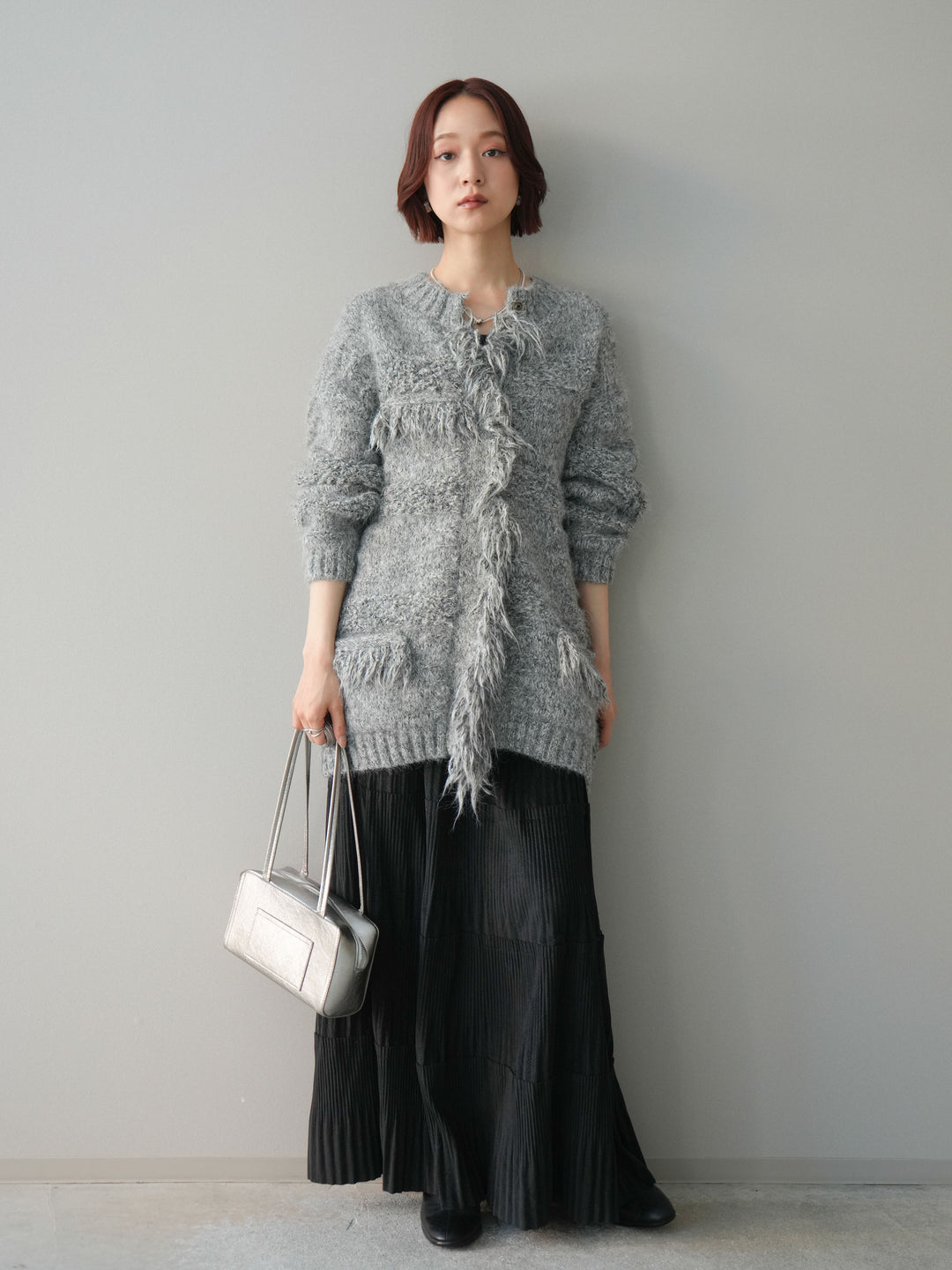 [予約]型押しスエードティアードプリーツスカート/black