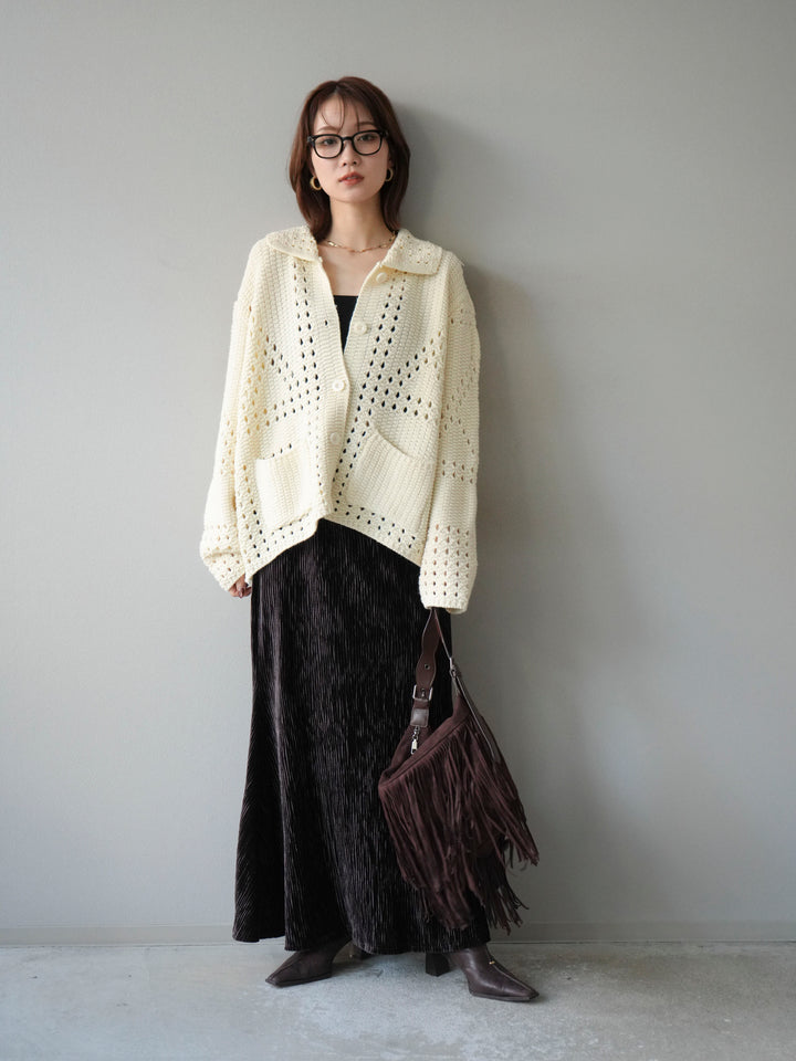 [予約]丸襟透かし編みニットカーディガン/オフ