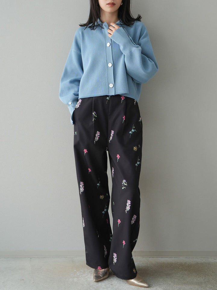 [SET]ボリュームスリーブポロニットカーディガン+フラワーアートプリントタックパンツ(2set)