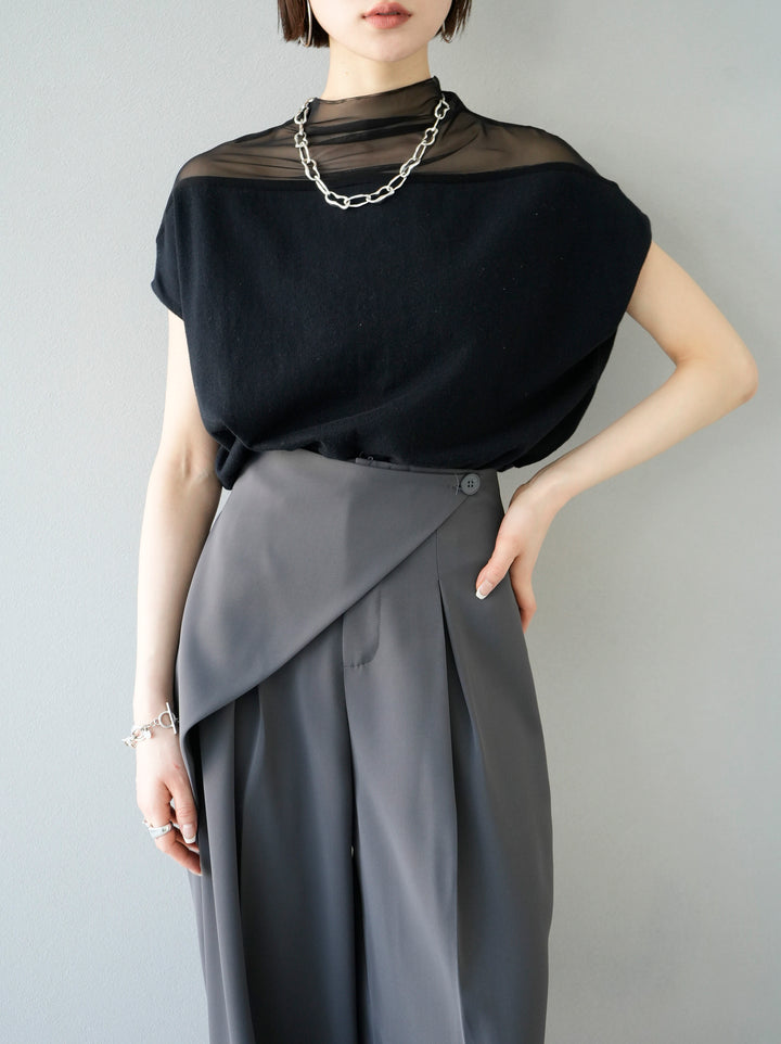 [SET] French sleeve sheer knit pullover + 3WAY MIX CHAIN ​​LONG NECKLACE (2set)