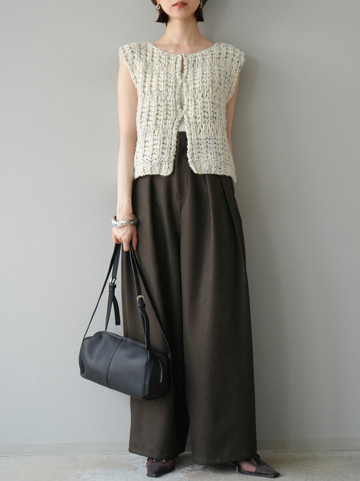 [予約]レザーパイピングタックワイドパンツ/ブラウン