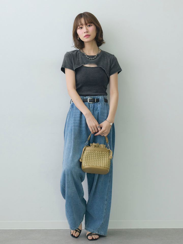 [SET]フロントオープンレイヤードトップスセット+ハイウエストベルトループデザインデニムパンツ(2set)