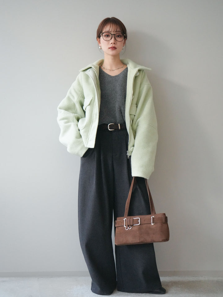 [SET]ウールライクフライトジャケット+アニマル柄ベルト付きウールタッチワイドパンツ(2set)