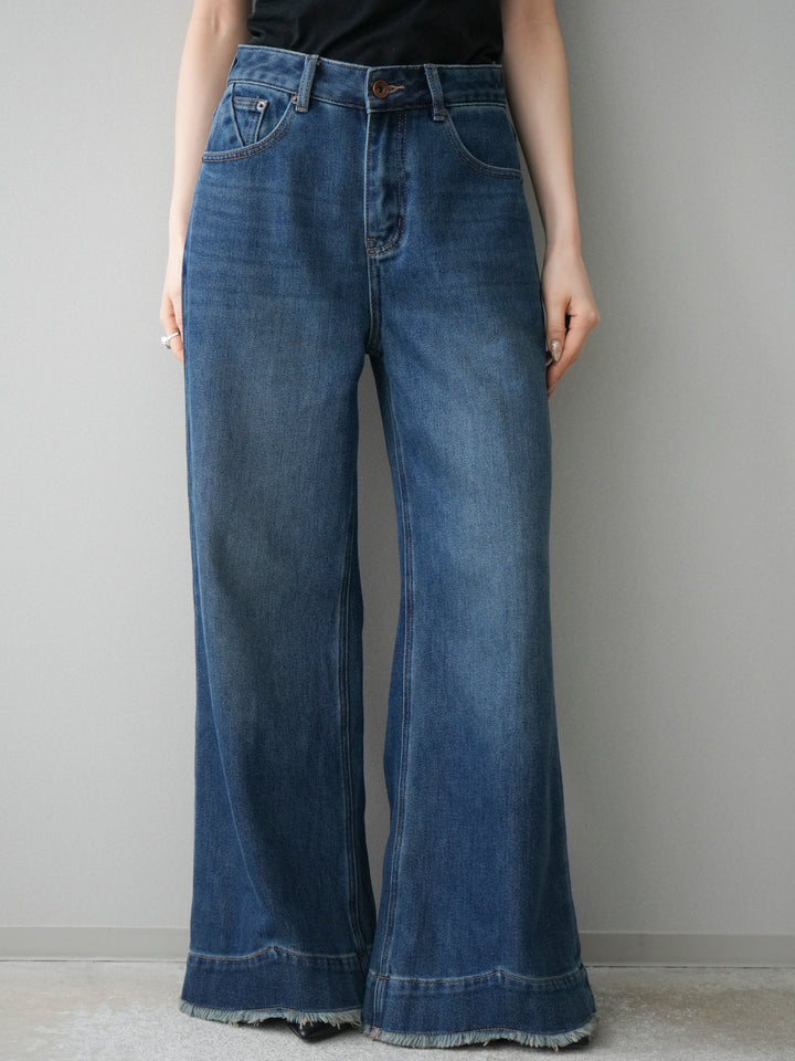 [予約]裏起毛裾フリンジワイドデニムパンツ/darkblue